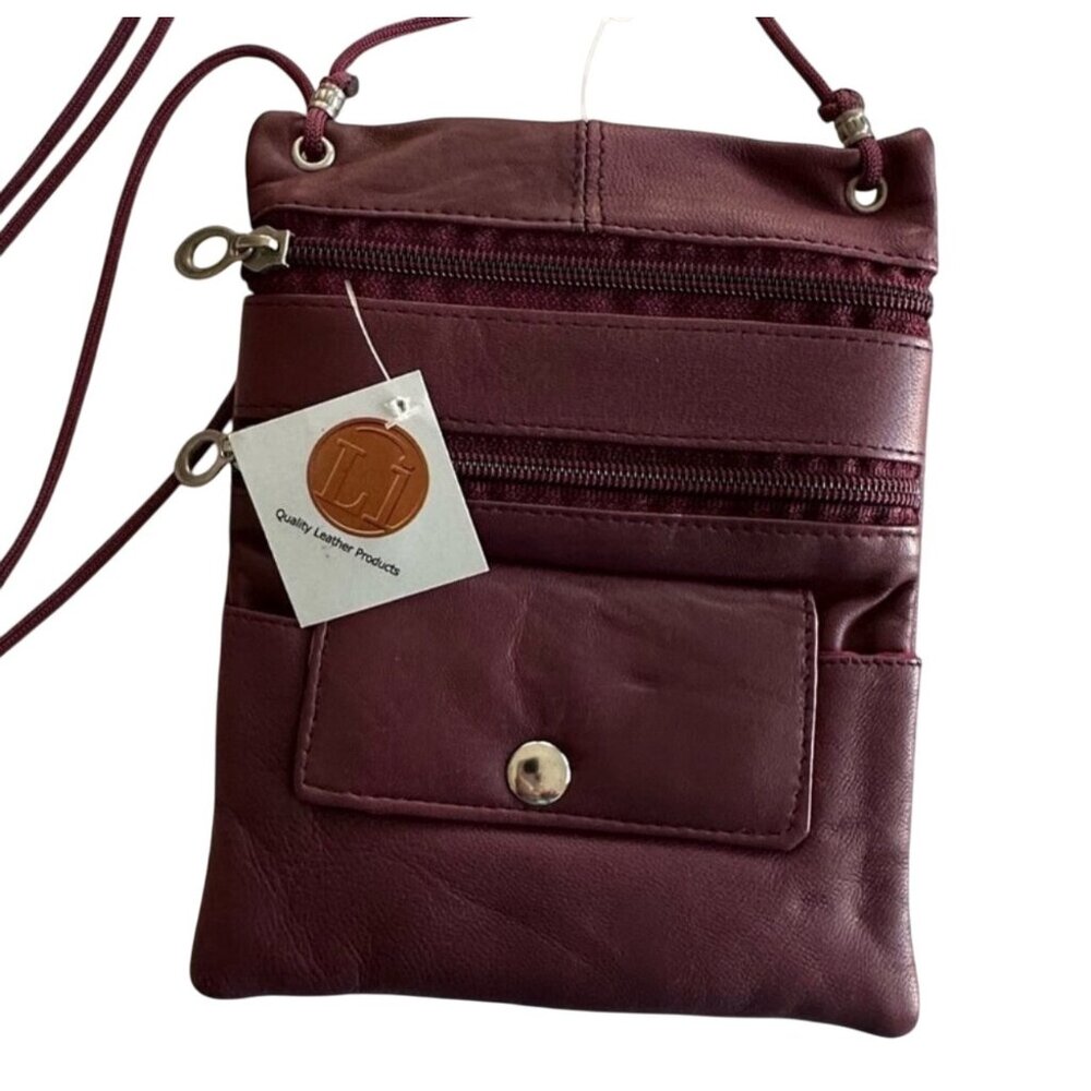 Maroon Leather Crossbody Bag With Adjustable Strap & Multiple Compartments